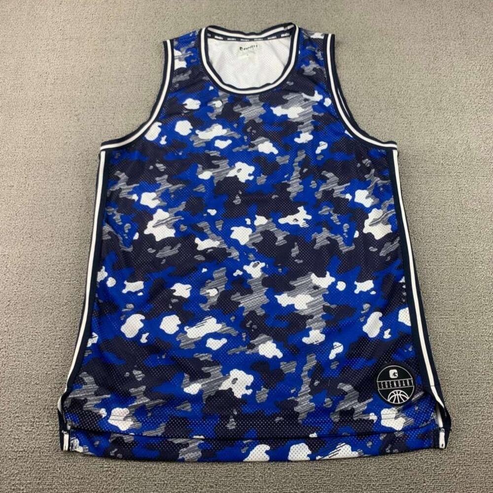 AND1 Basketball Jersey Men L Blue Camo Print Mesh Tank Logo Patch Sleeveless‎